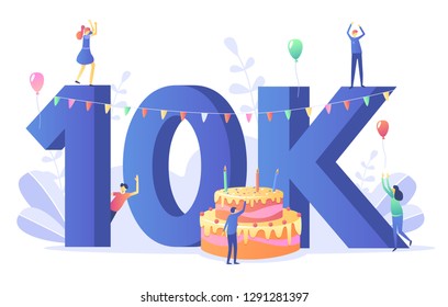 Thanks for the first 10000 followers banner.Thank you followers congratulation card. Vector illustration for Social Media. Happy people, blogger celebrates and tweets a large number of subscribers