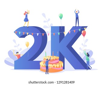 Thanks for the first 2000 followers banner.Thank you followers congratulation card. Vector illustration for Social Media. Happy people or blogger celebrates and tweets a large number of subscribers