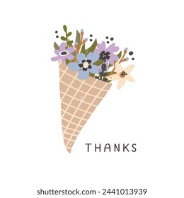 Thanks - flowers illustration made in vector. Postcard, invitation and t-shirt design with lettering.