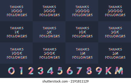 Thanks Followers Greeting card bundle. Thank you 1000, 1k, 10000, 10k, 50k, 1M, 5M Followers celebration social media bundle design.