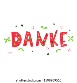 THANKS in german. DANKE hand drawn vector lettering isolated on white background. Modern flat color illustration.Red inscription with green ornament. Perfect for card, icon, logo, t-shirt, banner
