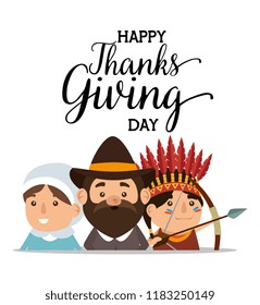 thanks giving card with pilgrim couple and native