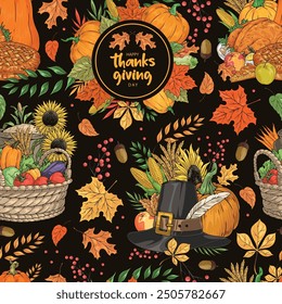 Thanks giving colorful pattern seamless with autumn harvest and festive hat for city festival invitation vector illustration