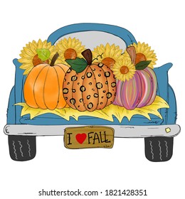 Thanks Giving - A colorful pumpkins in blue Classic truck isolated on white background.