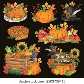 Thanks giving colorful set flyers with roast turkey and delicious pumpkin or classic pilgrim hat from old stories vector illustration