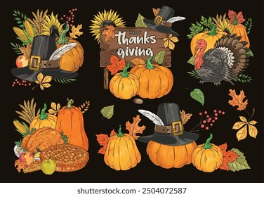 Thanks giving colorful set posters with happy holiday wishes near pumpkins and sunflowers for holiday festival design vector illustration