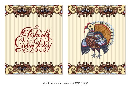Thanks Giving Day decorative greeting card with turkey and handwritten inscription to holiday design, typographic vector illustration
