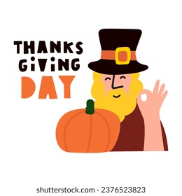 Thanks giving day. Man with beard in pilgrim's hat with pumpkin. Fall season. Vector design illustration on white background.