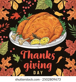 Thanks giving day vintage sticker colorful with roast turkey for Thanksgiving celebration on second monday of october vector illustration