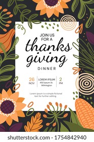 Thanks Giving Dinner invitation template with central date and text and a frame of seasonal fall produce and flowers, colored vector illustration
