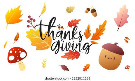 Thanks giving elements set, hand drawing lettering in autumn season with fall  plants, flat style, isolated on white background , illustration Vector EPS 10