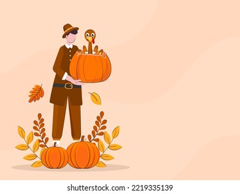 Thanks Giving Festival Concept, Pilgrim Man Holding Big Pumpkin and Turkey Bird Peeping Out,  Pumpkins, and Autumn Leaves.