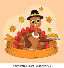 Thanks Giving Festival Concept, Turkey Bird Holding Pie Cake with Maple Leaves and Blank Ribbon.