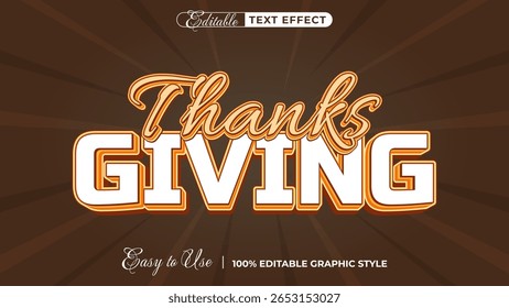 Thanks Giving: A graphic design showcases a stylish 'Thanks Giving' text effect against a brown background with sunburst rays. It is designed for easy use, fully editable.