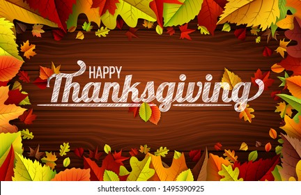 Thanks giving holiday special banner with congratulation. Autumn tree leaves on wooden background. Vector illustration, thanksgiving banner, poster, e.t.c.