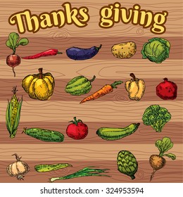 Thanks giving, set of vegetables pumpkin, cucumber, tomato, zucchini, eggplant, pomegranates, onions, potatoes, pen, ink, vector, banner, illustration