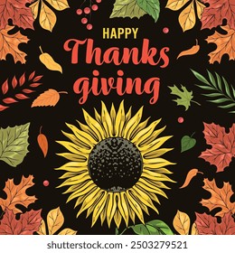 Thanks giving vintage sticker colorful with beautiful sunflower to promote festive event after harvest festival vector illustration