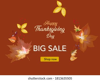 Thanks givingday sale typhography banner. Fall leaves in maroon background