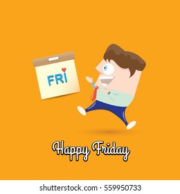 thanks god it's friday concept illustration with cartoon happy businessman office manager and calendar. i love friday - vector illustration
