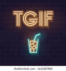 ¡Gracias a Dios es viernes! Tipografía Neon TGIF con ron y cóctel de cola. Ilustración cuadrada de las redes sociales, afiche de barras. Icono vectorial aislado brillante y texto sobre fondo de pared de ladrillo.