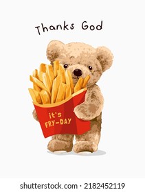 thanks god slogan with bear doll carrying french fries box vector illustration