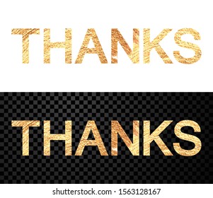 Thanks golden word isolated on white or transparent backdrop. Vector illustration.