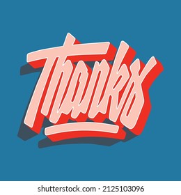 THANKS. hand drawn illustration.pink letters on a blue background with falling shadows that create a 3D effect.vector lettering.modern design for textille,web design,banner,postcards,stickers,etc