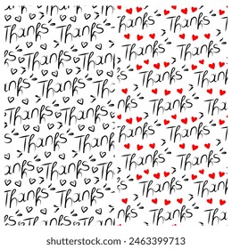 Thanks Hand drawn lettering Hearts shape and abstract decorative elements Seamless patterns Set of 2