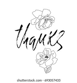 Thanks handwritten inscription. Hand drawn modern dry brush lettering. Thank you card. Vector illustration.
