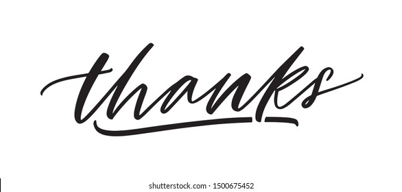 Thanks handwritten vector lettering. Thankfulness expression, underlined word isolated on white background. Postcard, greeting card calligraphic script. Modern gratitude saying, thanksgiving slogan.