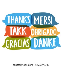 Thanks, mersi, takk, obrigado, gracias, danke. Different languages. Translation concept. Hand drawn vector icon illustrations on white background.