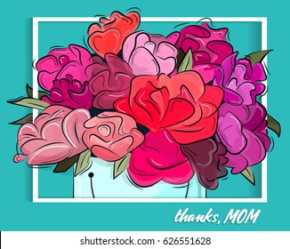 Thanks, Mom greeting card in vector.with red, pink flowers. Holiday mother day adorable illustration. Spring woman background. Love you wallpaper banner print. Happy celebration decoration