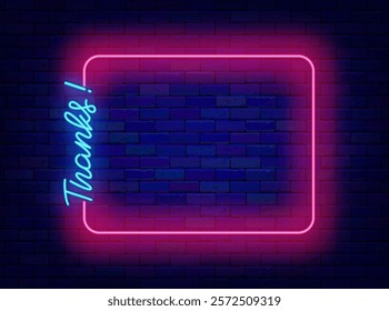 Thanks neon greeting card. Thanksgiving day. Empty pink frame and lettering. Vector stock illustration