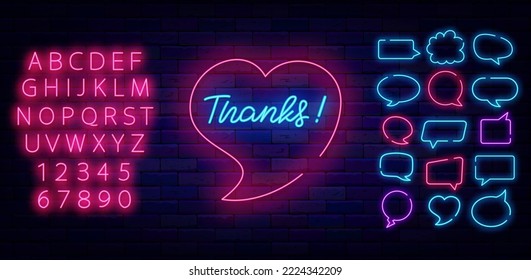 Thanks neon lettering on brick wall. Greeting card with gratitude. Shiny pink alhabet. Speech bubbles frames collection. Glowing effect banner. Editable stroke. Vector illustration