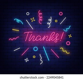 Thanks neon lettering phrase. Colorful confetti frame. Greeting card with gratitude. Cute lovely quote. Glowing inscription on brick wall. Vector stock illustration