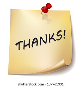 "Thanks!" note paper with red pin on  white background. Card or background.  Vector Illustration. 