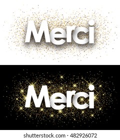 Thanks paper banner with shining sand, French. Vector illustration.