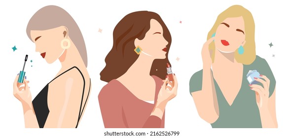 Thanks to the procedures and self-care. Illustration of Beauty cosmetics. The concept of skin care. A set of young girls takes care of themselves. Beauty has facial cosmetics in your hands. Mascara 