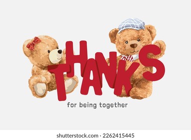 thanks slogan with cute bear doll couple with red bow vector illustration