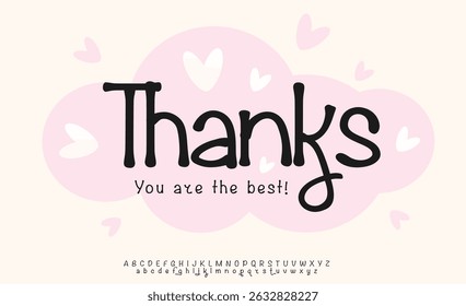 Thanks with soft hearts in pastel cloud. Cute handwritten style perfect for baby greetings, romantic notes, or delicate feminine stationery. Vector illustration