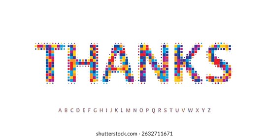 Thanks for subscribers, colorful pixel mosaic text with playful geometric style. Cheerful vibrant typography for greeting card, headline, party or kids design. Vector illustration.