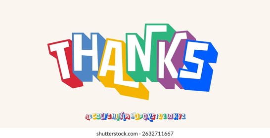 Thanks for subscribers, creative gratitude text in bold colorful block style. Joyful playful typography for greeting card, logo, headline, fun celebratory design. Vector illustration.