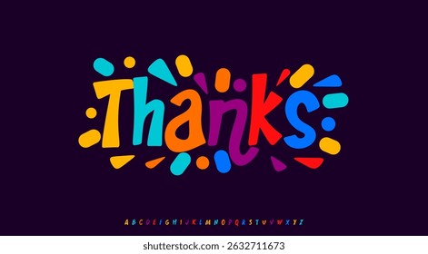 Thanks for subscribers, festive cartoon text with colorful confetti splash. Joyful playful typography for greeting card, headline, kids party or celebration. Vector illustration.
