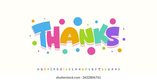 Thanks subscribers, fun colorful cartoon text. Playful cheerful typography for birthday card, kids design, headline. Vector illustration