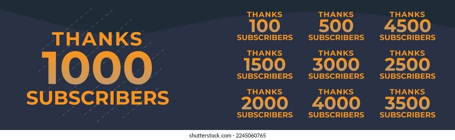 Thanks Subscribers Greeting card bundle. Thanks 1000, 1k, 1500, 500, 2000, 2500, 3000M Subscribers celebration social media bundle design.