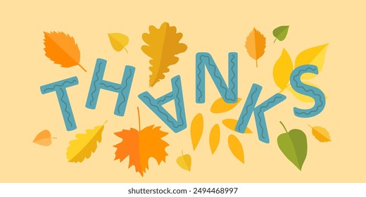 Thanks text on a background with colorful autumn leaves. Vector banner.