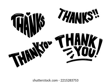 thanks and thank you text typography hand drawing doodle illustration style vector collection set