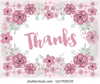 Thanks vector pink and burgundy florals with light aquamarine leaves editable flower wreath on a light pink background. 