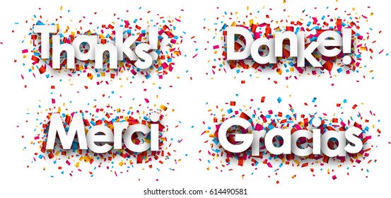 Thanks white paper cards with confetti, Spanish, French, German. Vector illustration.