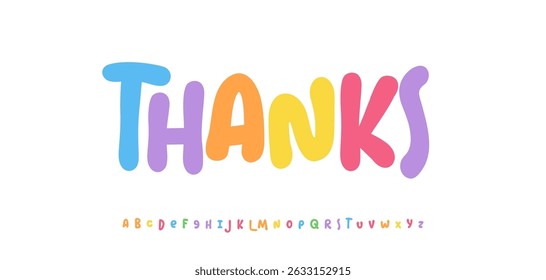 Thanks word, Fun playful thank you message for children, cards, posters, prints. Cheerful colorful bubble style typographic design. Vector illustration.